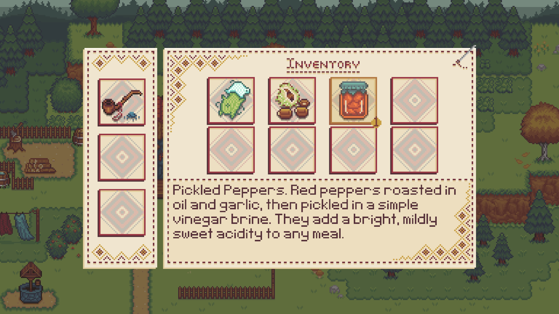 Tea fo Sana - An inventory of items and foods with a forest background.