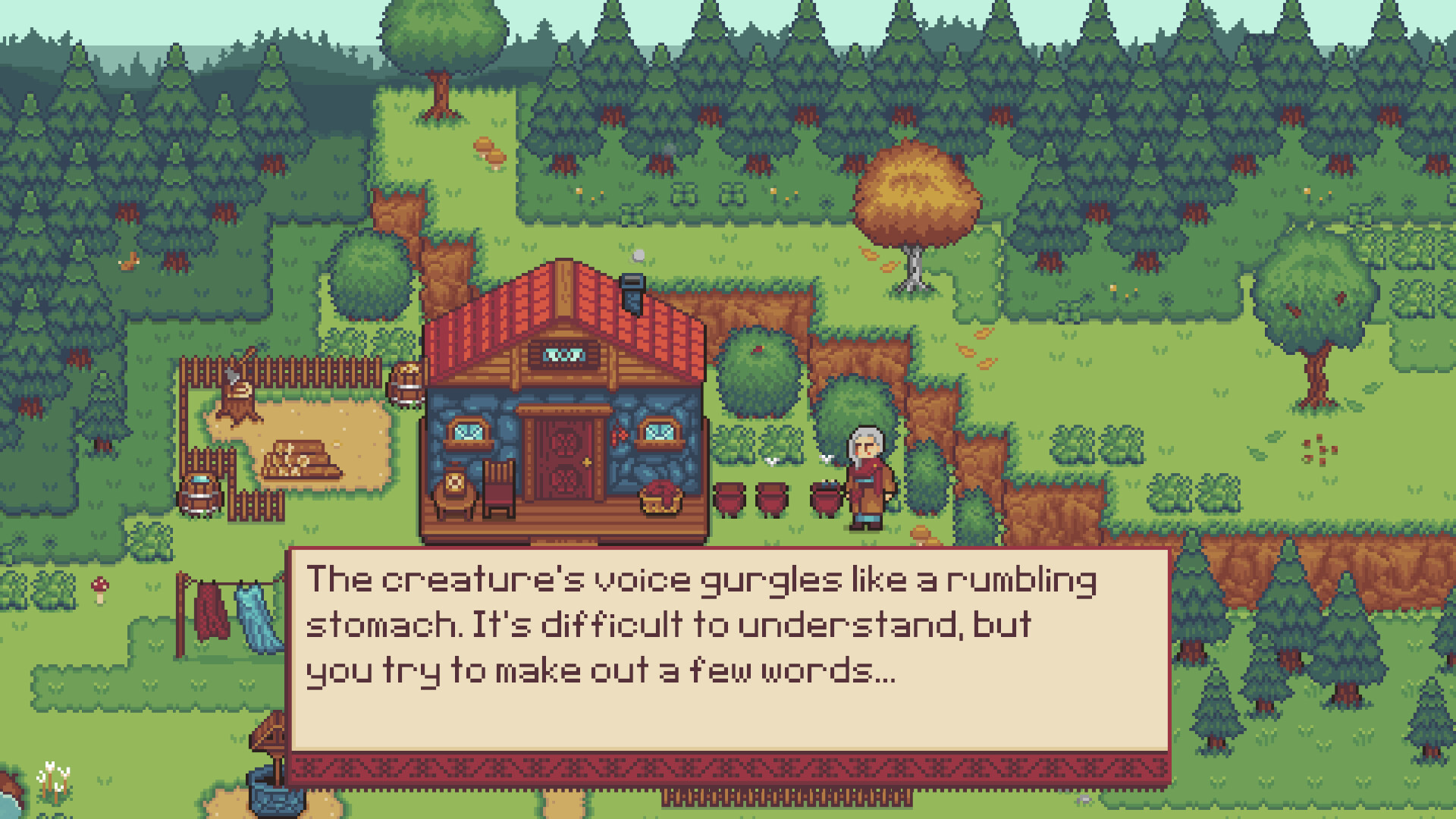 Tea for Sana - An older witch stands outside her cabin, looking at some pots.