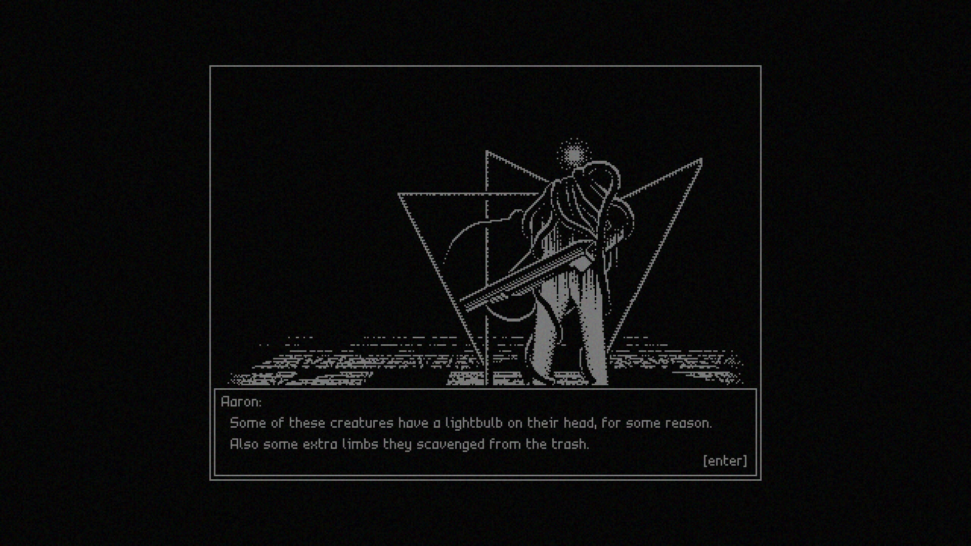 Repose - A tentacled creature holding a shotgun looms before you.