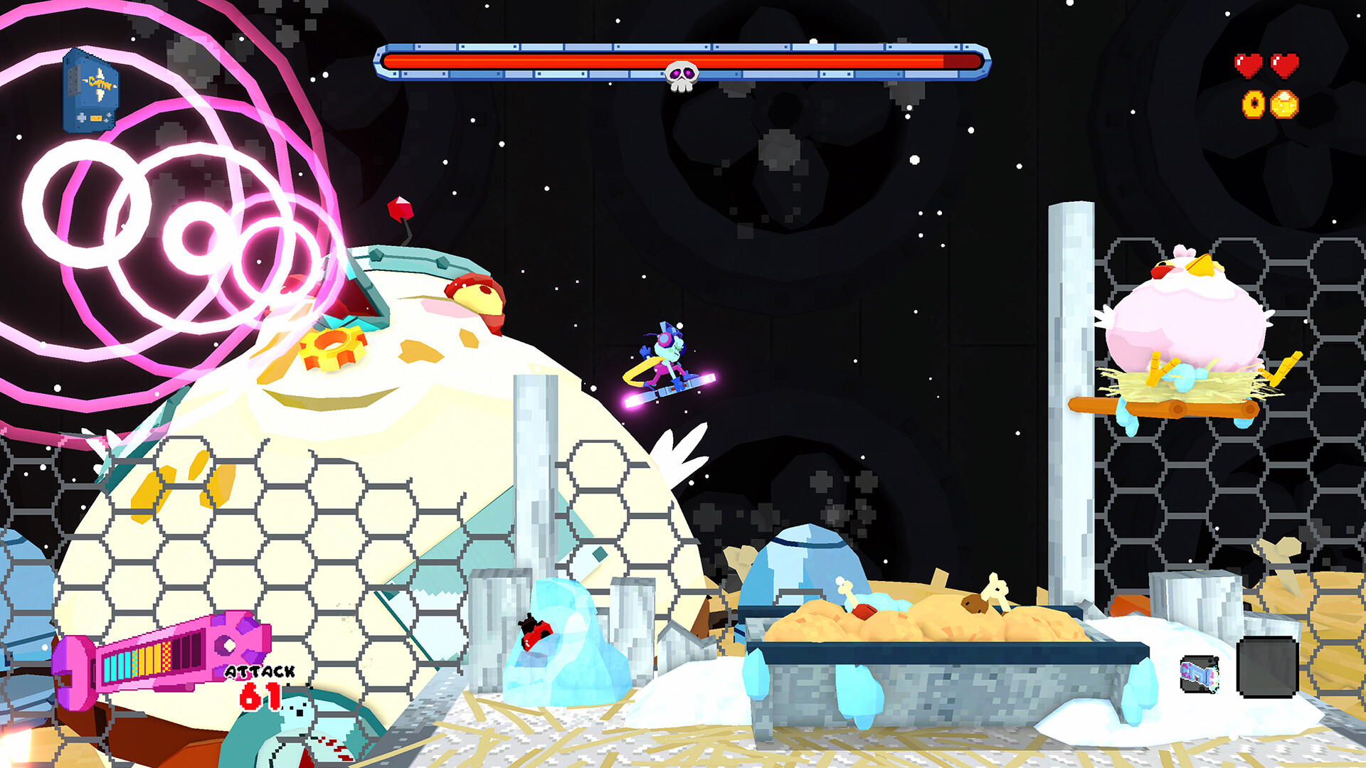 Seafrog - A colorful frog skates past a massive chicken firing lasers from its beak.