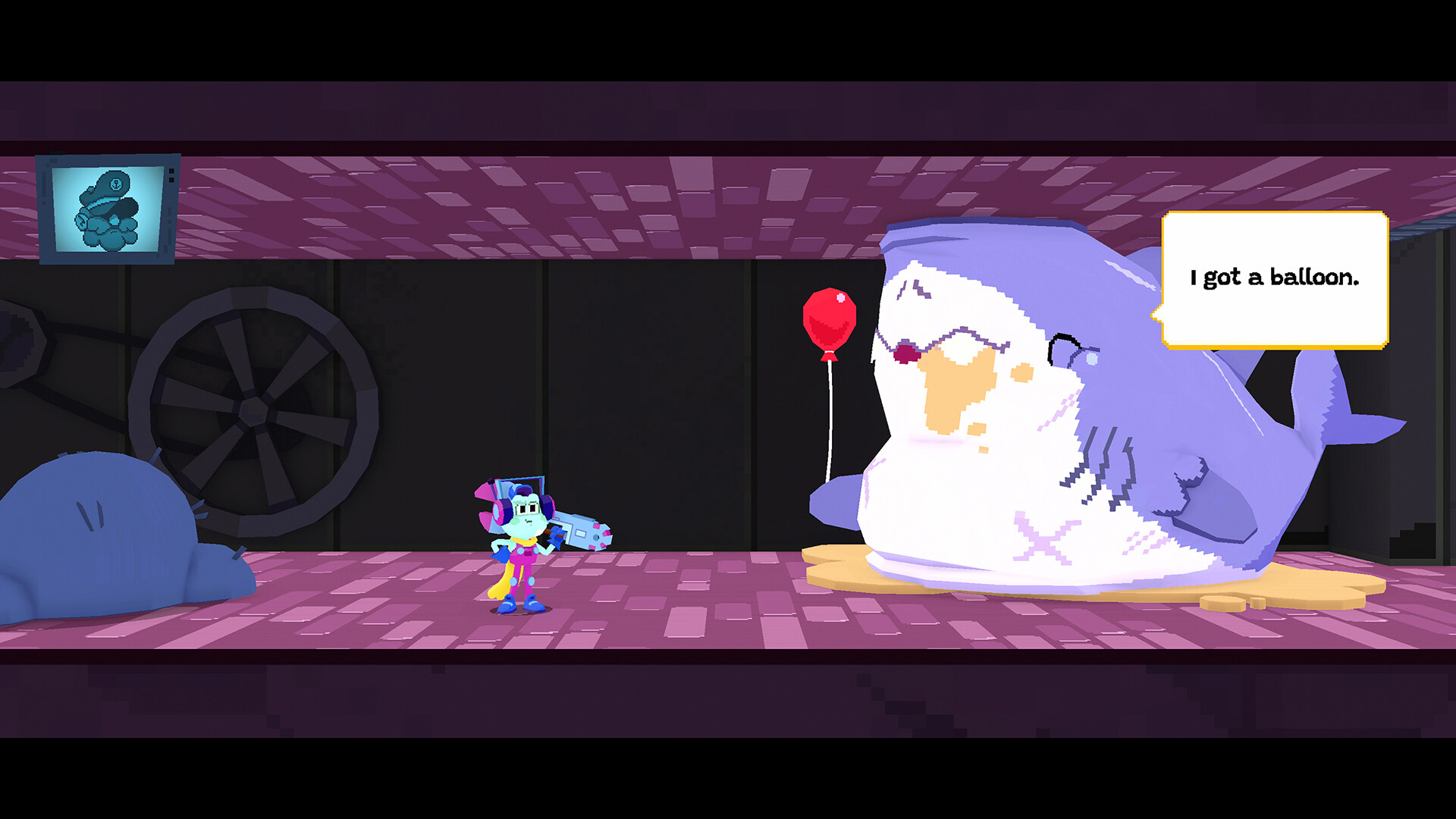 Seafrog - A blue frog stands in front of a huge shark holding a little balloon.
