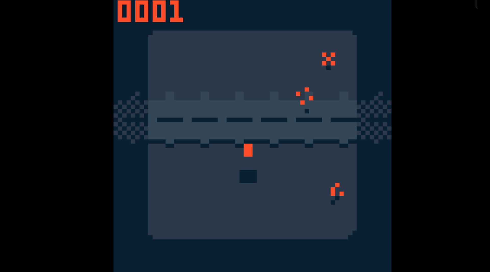 lineoff - a small dot representing a person leaps over some running saws in order to grab a speck of dust.