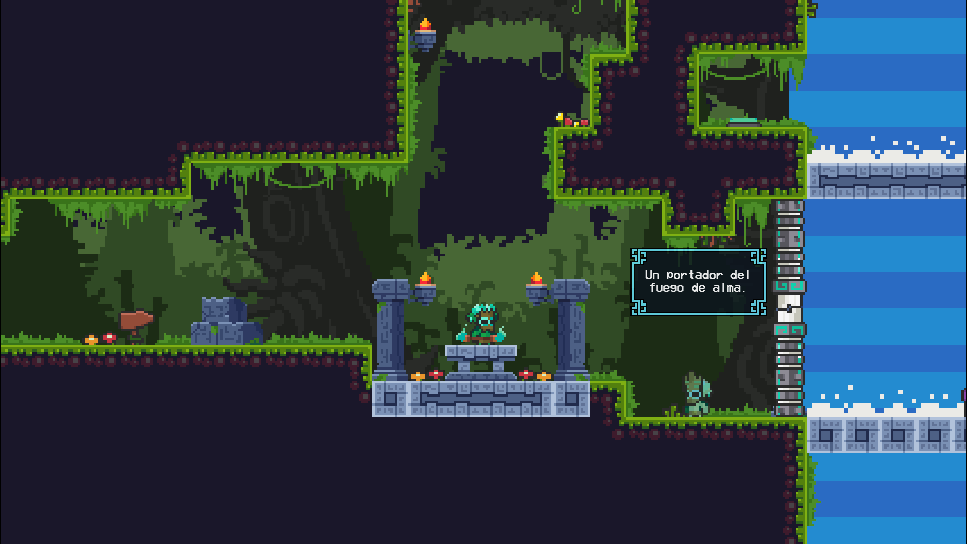 Akaku Forest - A series of green caves near a waterfall. Two forest creatures stand inside the cave.