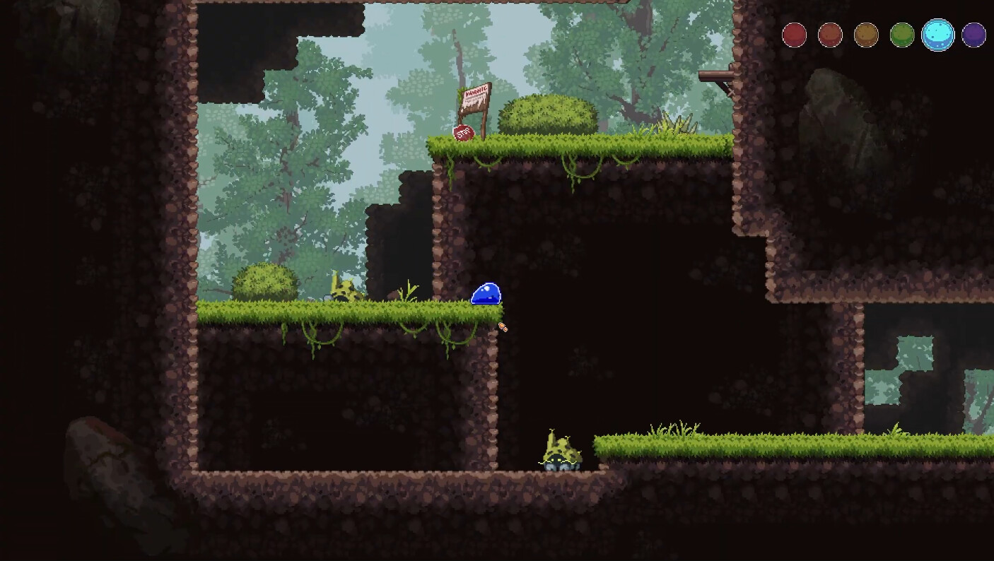 Color Lim - A blue slime creeps along a grassy cliff.