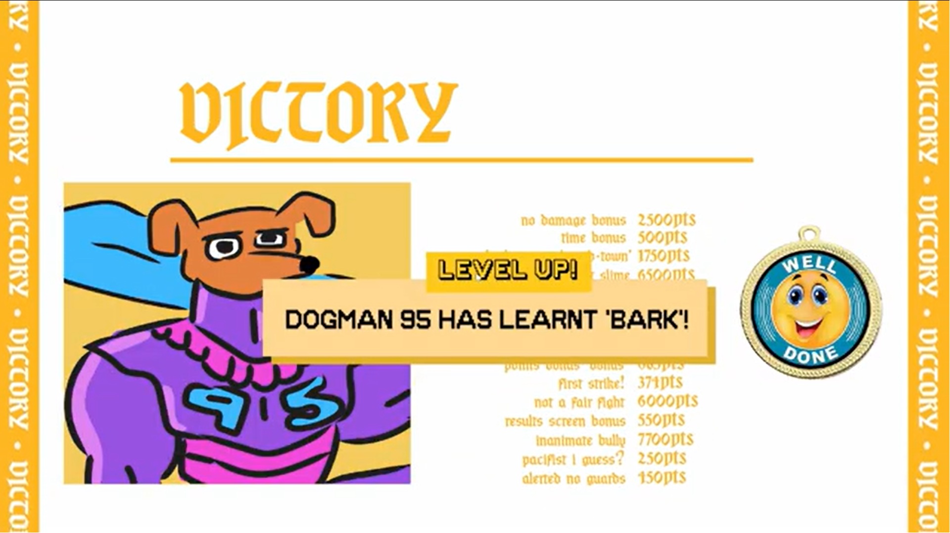 Dogman95 - A level up screen notifying you that Dogman 95 has learned how to bark.