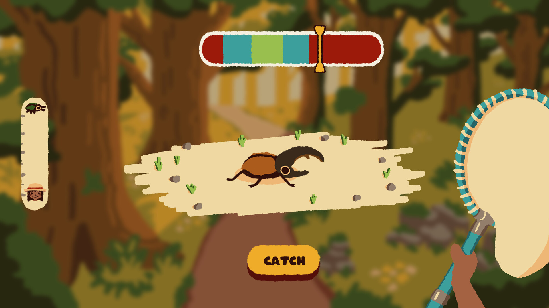 kabuto park - A hand holds a bug catching net just over a rhino beetle.