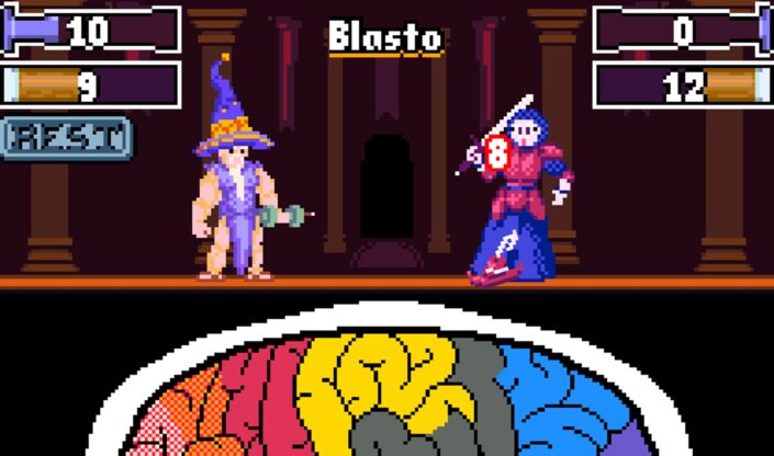 Hattack of the Wizard Brain Stealer - a musclebound wizard blasts a woman in a red and blue dress.