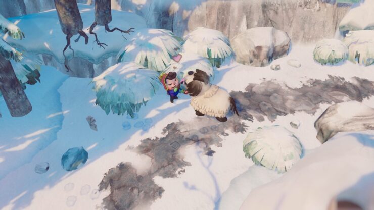 DOGWALK - a fluffy dog licks a child's face in a snowy forest.