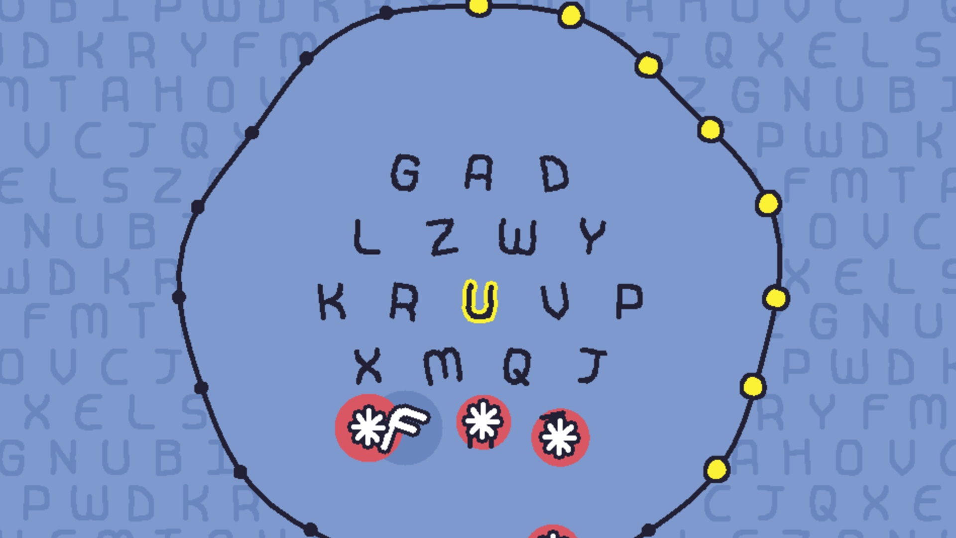 Daniel Linssen's Typing Challenge - Several letters are jumbled up in a circle. 'U' is lit up yellow and several asterisks are floating around.