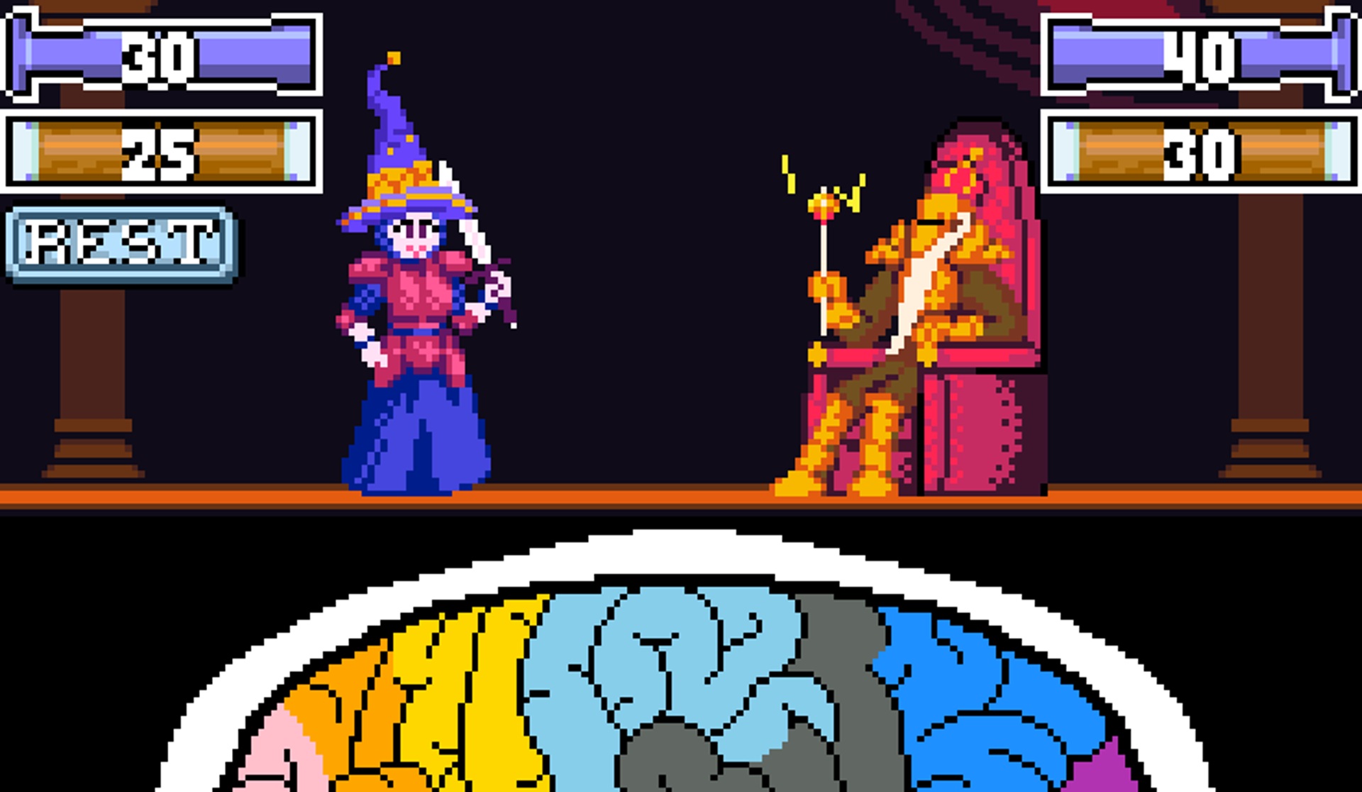 Hattack of the Wizard Brain Stealer - A woman in a wizard's hat brandishes a sword before a king in golden armor.