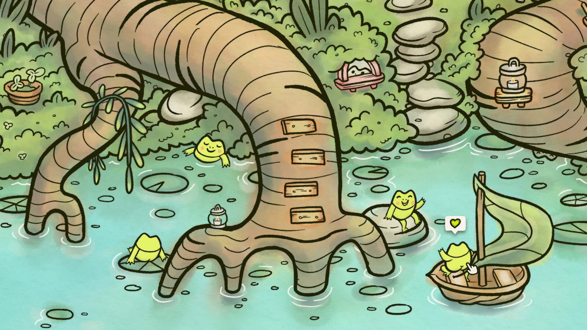 find my frogs - several frogs swim and sail in a root-filled swamp.
