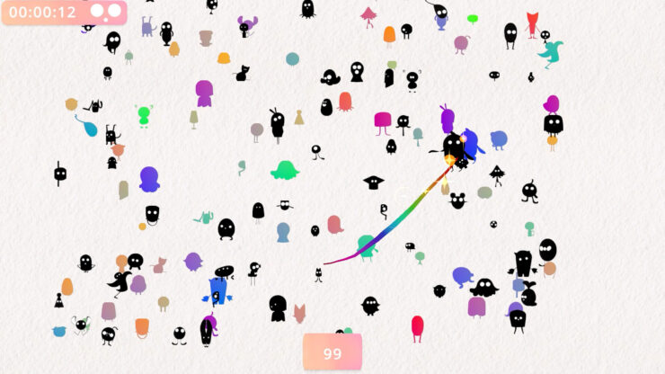 Doodle Harmony - a field filled with shadowy creatures and colorful beings milling around.
