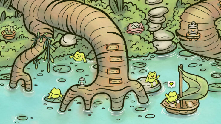 find my frogs - several frogs swim and sail in a root-filled swamp.