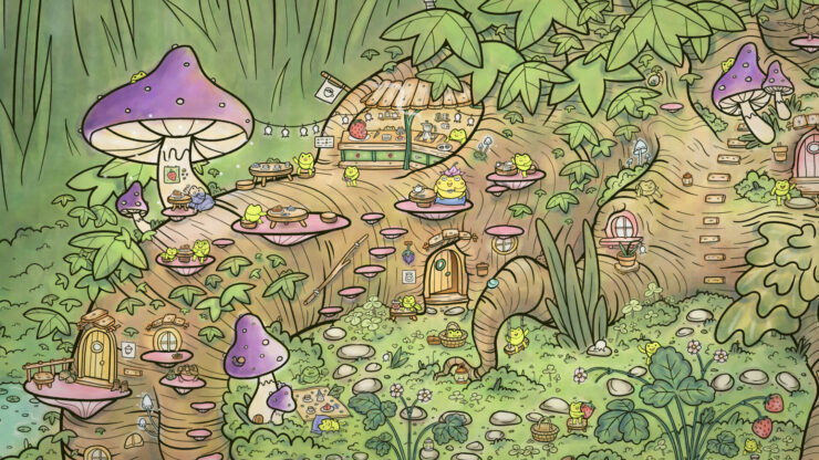Find My Frogs - A massive number of frogs are sitting down to have meals on top of mushrooms against a tree.
