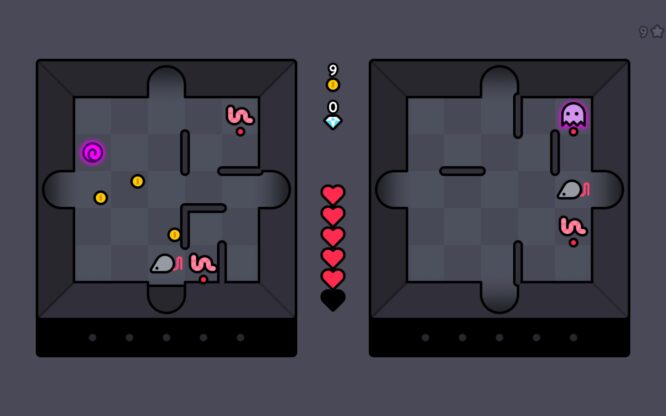Two rats in a gray dungeon being pursued by ghosts and worms.