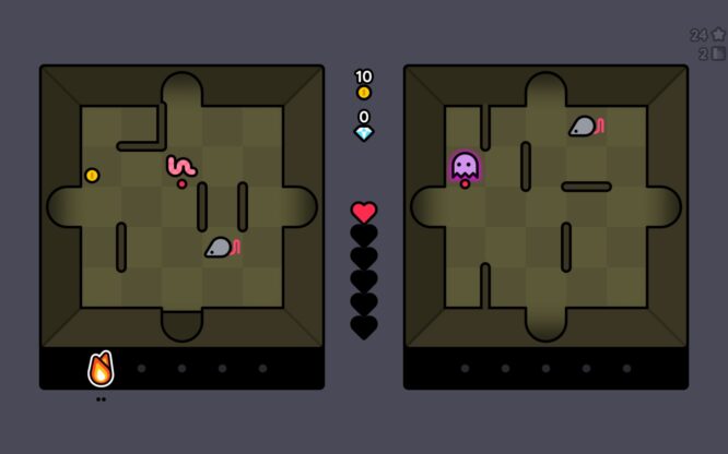 Rat King - A mouse carries a small flame as it wanders through a brown dungeon filled with ghosts and worms.