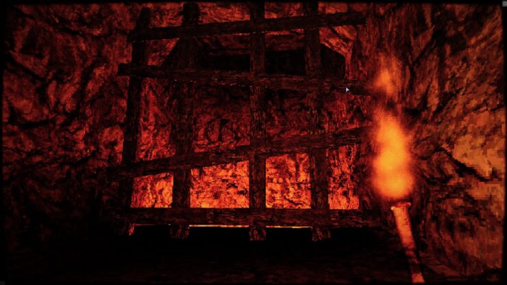 hachi eight feet tall - A wooden gate blocks further progress into a cave lit by a torch.