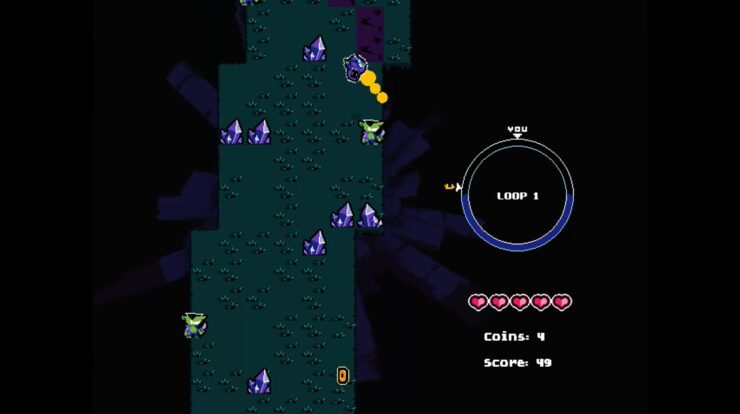 Shredmill - A Shrouded skateboarder flips down a grassy track lined with sharp crystals and knife-wielding creatures.