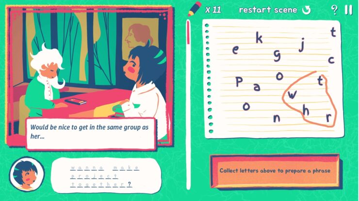 Love Letters - A spread of letters is beside a scene where a character sits across from a girl they like.