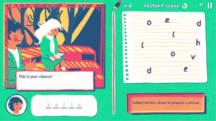 Love Letters - A spread of letters is beside a scene where a character sees a girl they like reading outside.