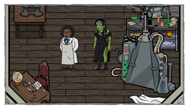Frankenstein's Monster - A green monster and a female-presenting person stand in a lab.