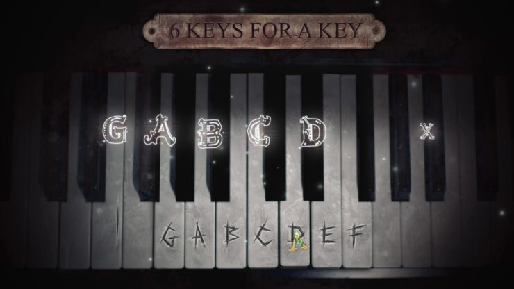 the void between - A piano with several letters scratched into the keys.