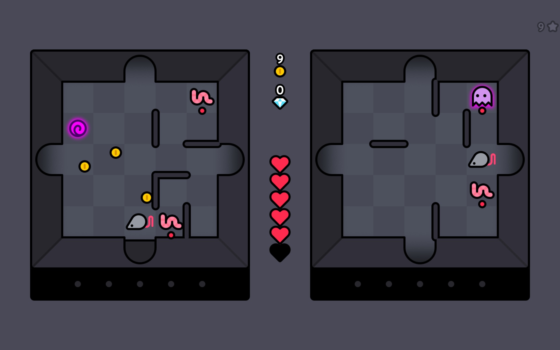 Two rats in a gray dungeon being pursued by ghosts and worms.