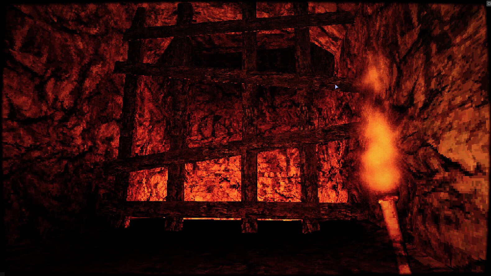 hachi eight feet tall - A wooden gate blocks further progress into a cave lit by a torch.