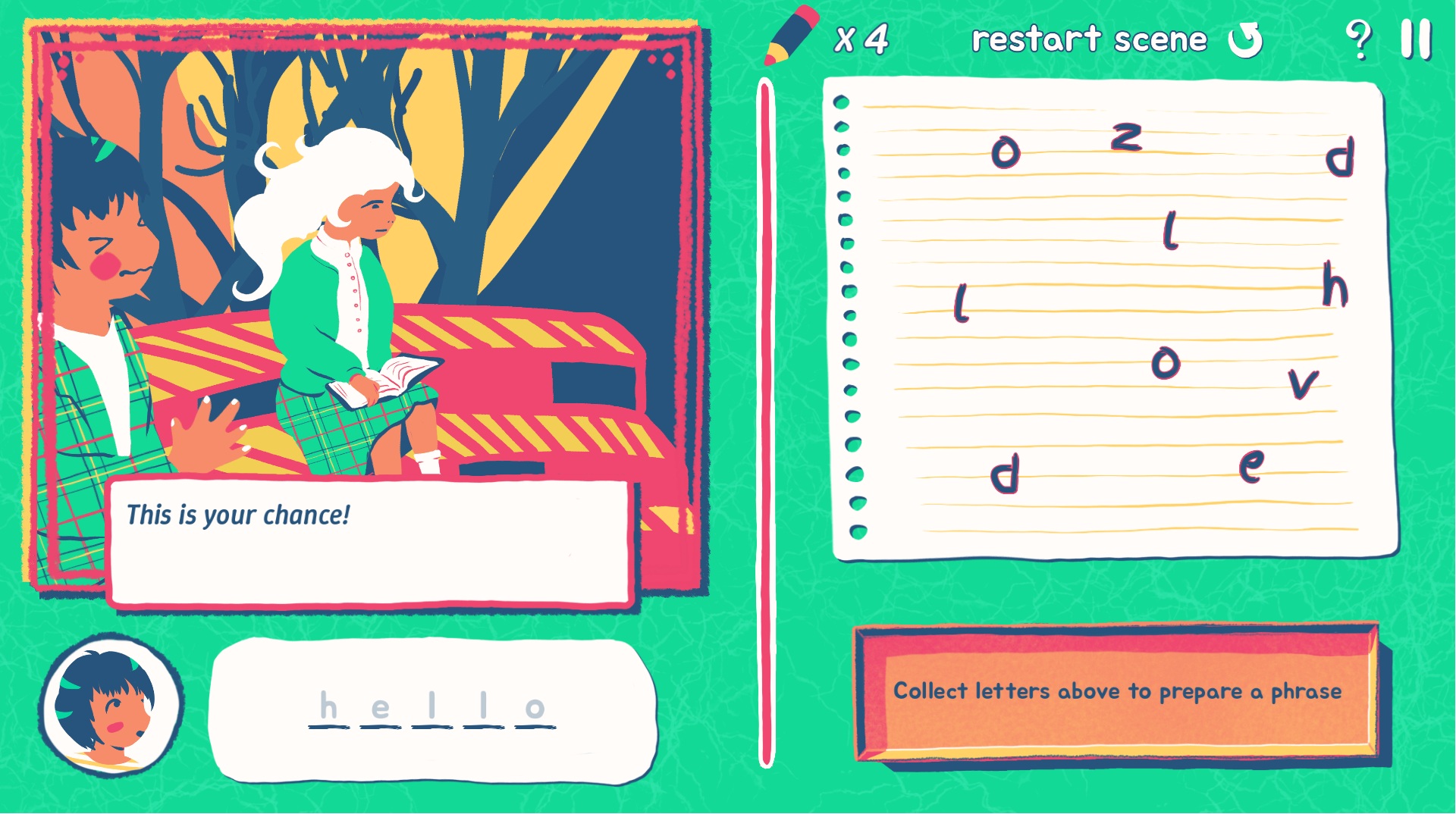 Love Letters - A spread of letters is beside a scene where a character sees a girl they like reading outside.