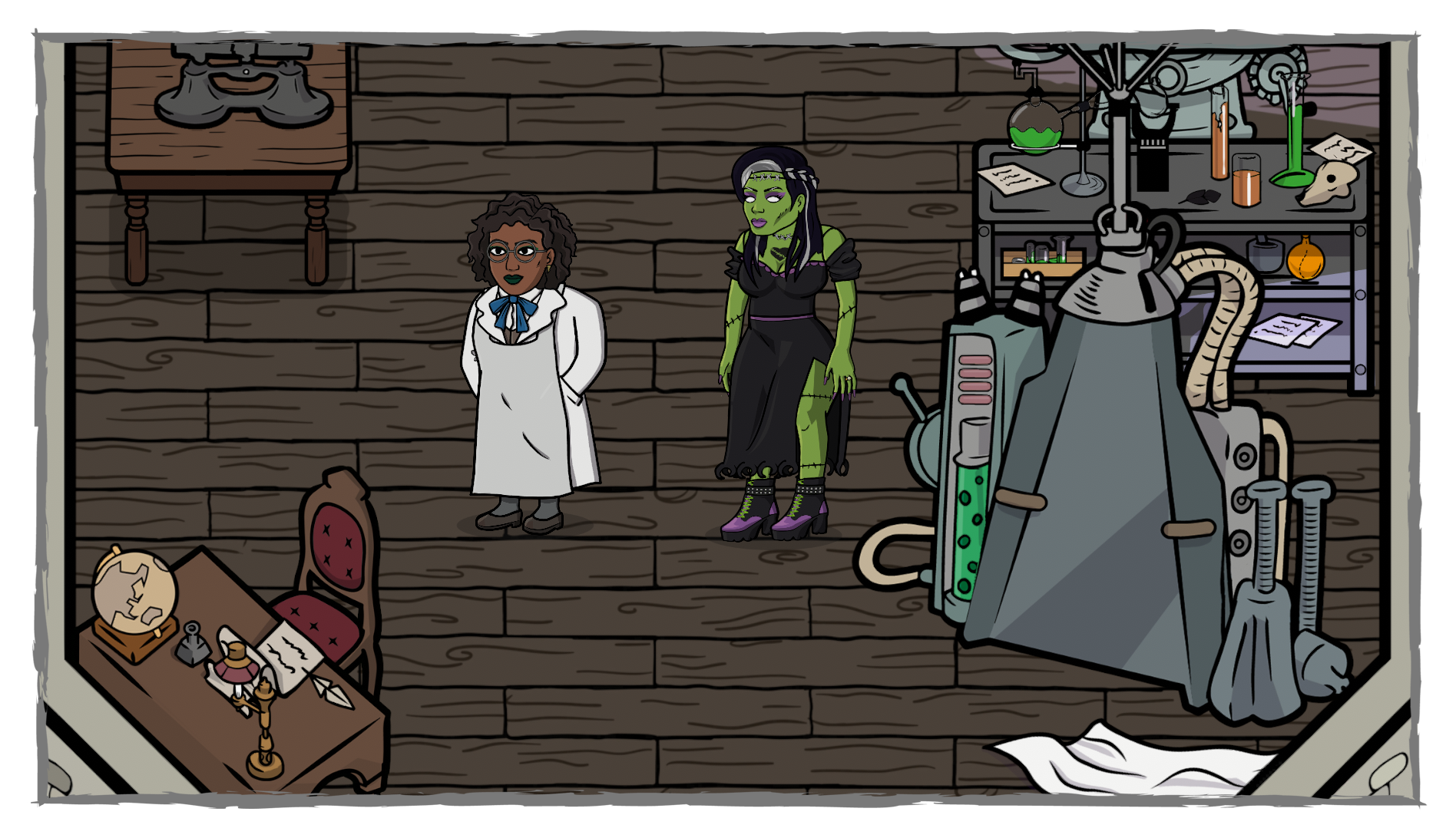 Frankenstein's Monster - A green monster and a female-presenting person stand in a lab.