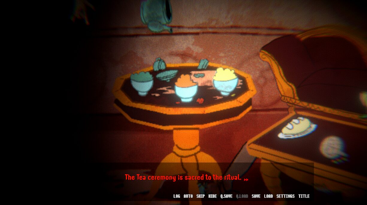 PROPHET - Several cups of tea of different colors sit on a messy, stained table.