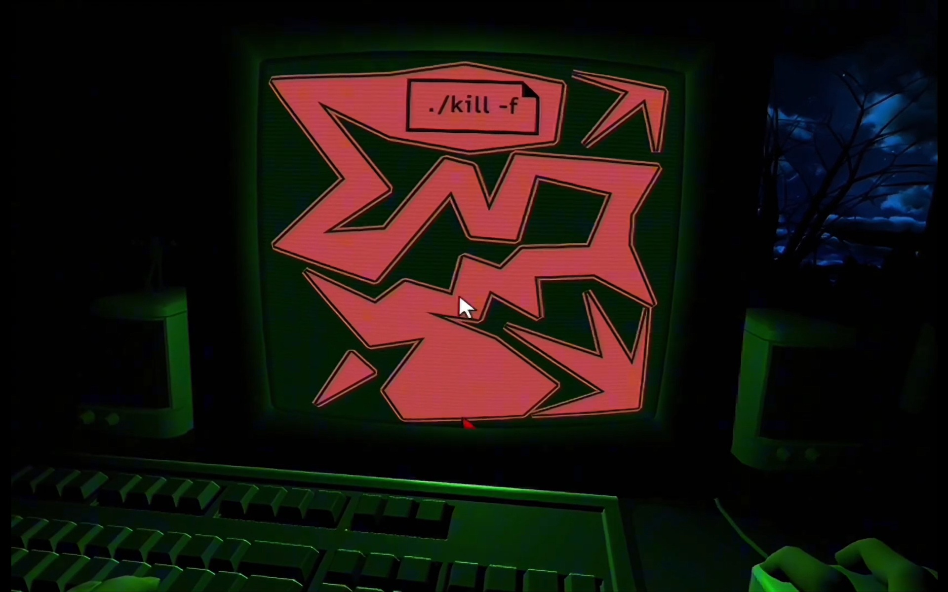 Dreader - A red maze is lit up on a computer screen.