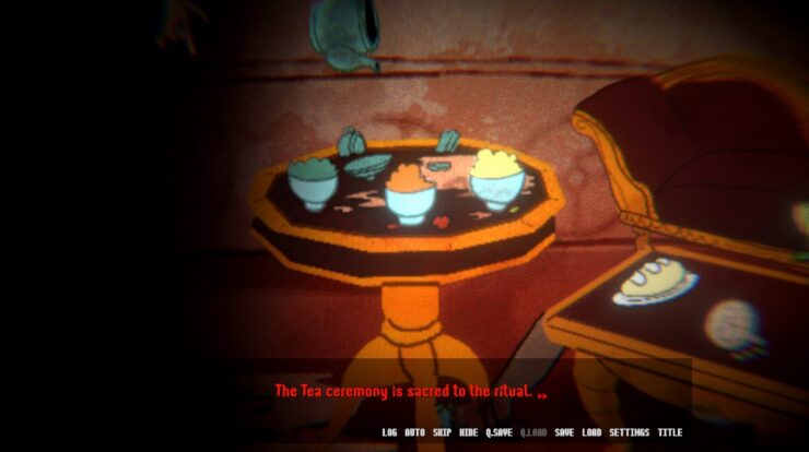 PROPHET - Several cups of tea of different colors sit on a messy, stained table.