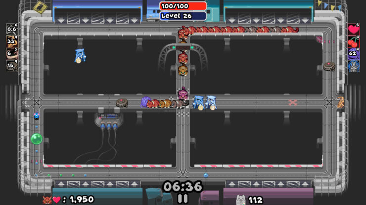 Maze Mice - A line of cats rushing across a metal walkway as a mouse tears down a nearby path.