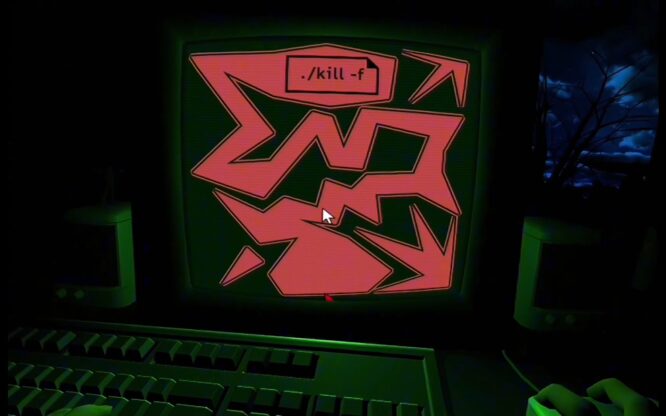 Dreader - A red maze is lit up on a computer screen.