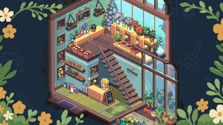 Whisper of the House - A blonde female-presenting shopkeeper watches over a two floor flower shop filled with flowers.