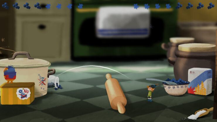 Jeppe & Oswald - A small pixie stands in front of a rolling pin in a kitchen.