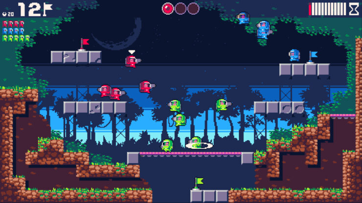 Frontline War of Echoes - A slew of people in red, blue, and green space suits rush across a field trying to capture flags.