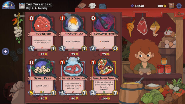 Arcane Eats - A long-haired person stands at a counter beside several cards with food ingredients on them.