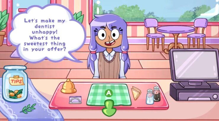 Cozy Cooking - A purple-haired female-presenting person stands at the counter of your cafe,