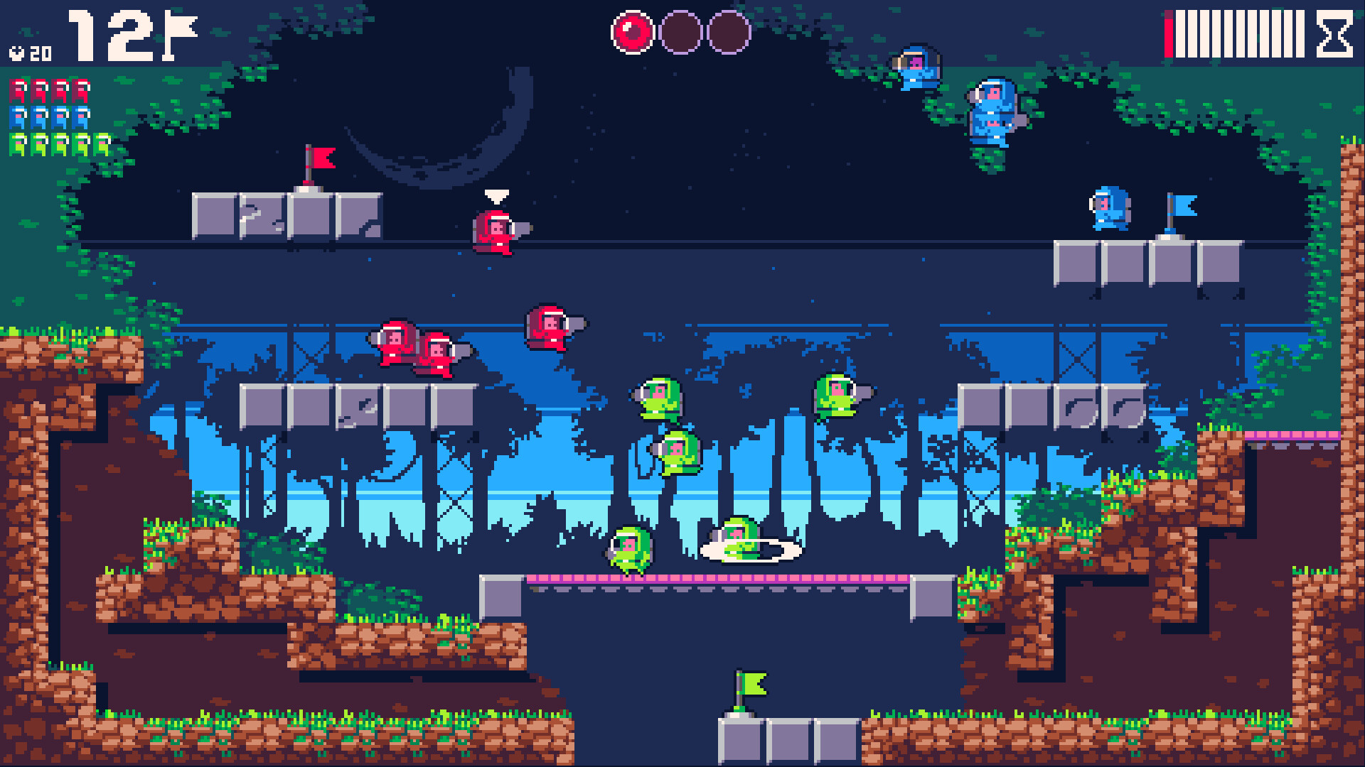 Frontline War of Echoes - A slew of people in red, blue, and green space suits rush across a field trying to capture flags.