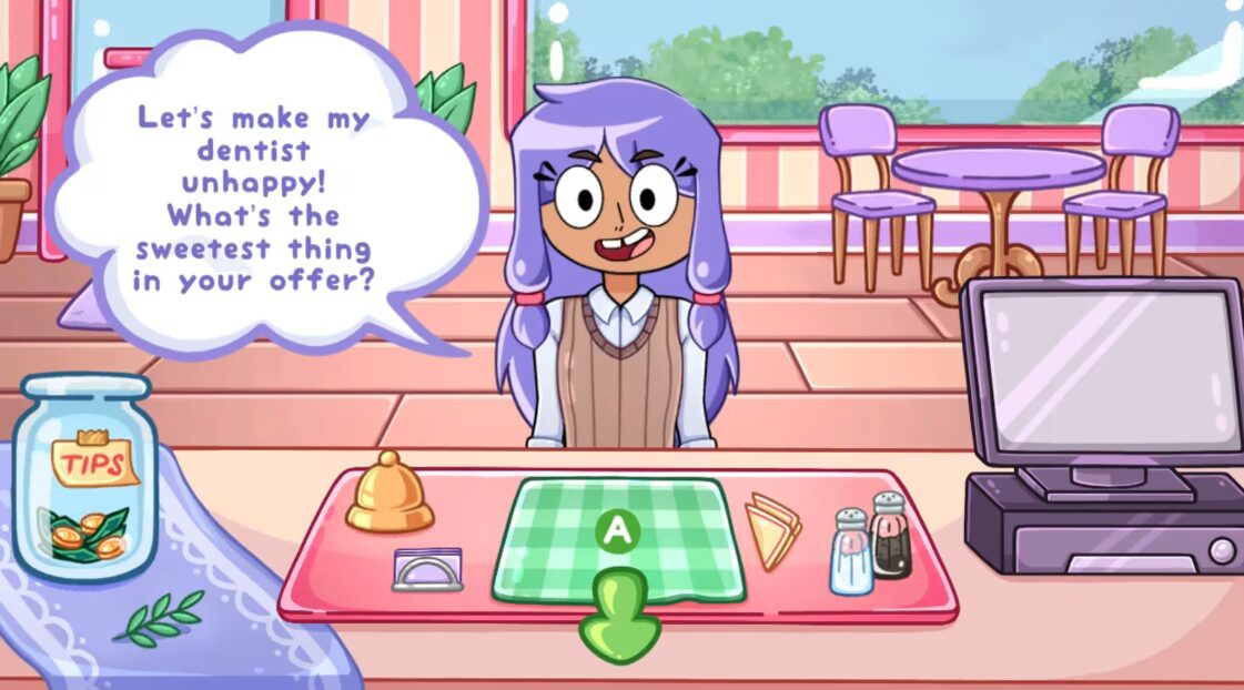Cozy Cooking - A purple-haired female-presenting person stands at the counter of your cafe,