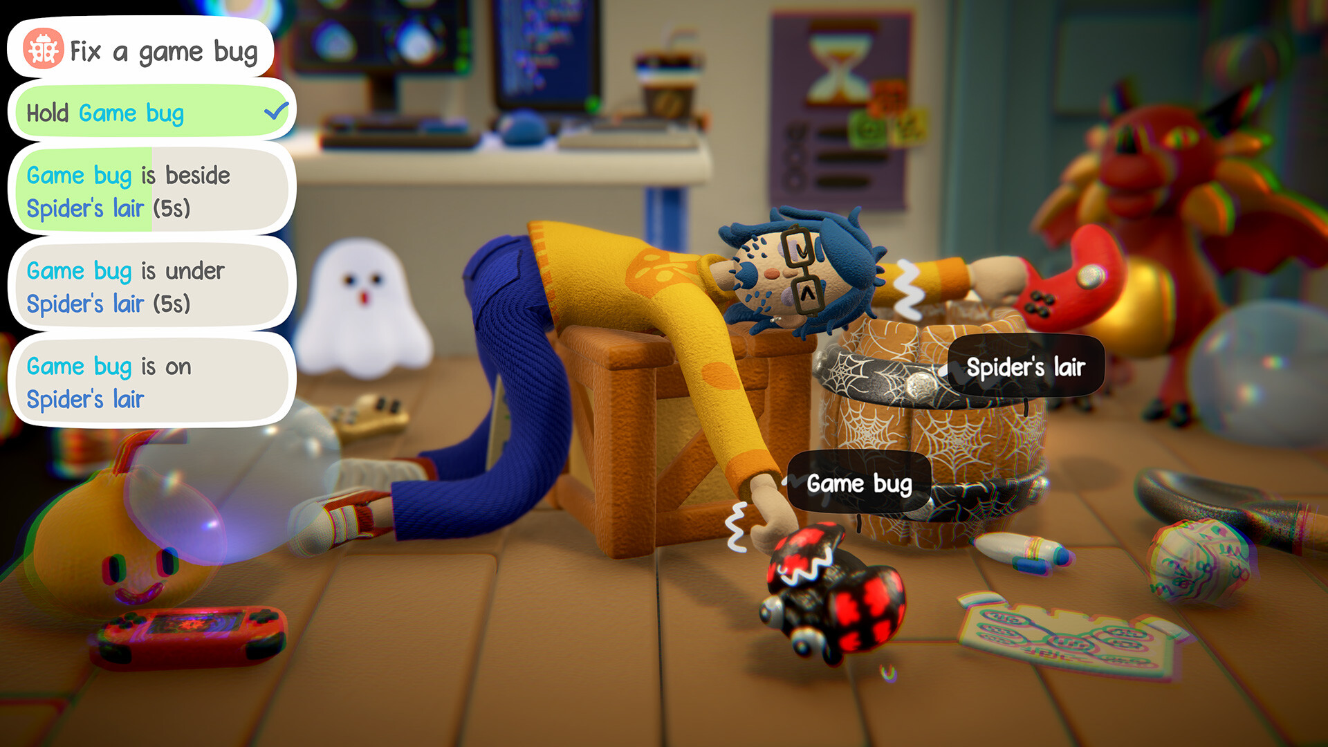 Exhausted Man - A sleeping man lays slumped over a wooden box while holding a controller and a giant insect in thier hands.