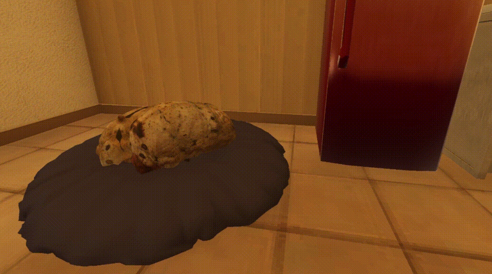 petsitting - a worm -like creature sleeps on a dog bed near a fridge.