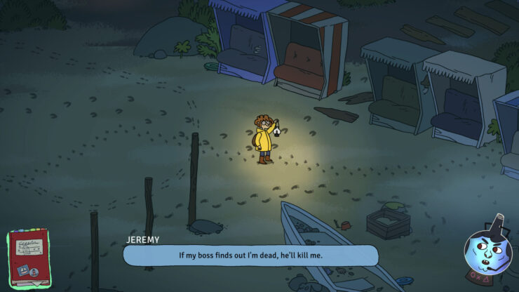 Greta Sees Ghosts! - A young woman in a yellow jacket holds a lantern while stannding on a beach.