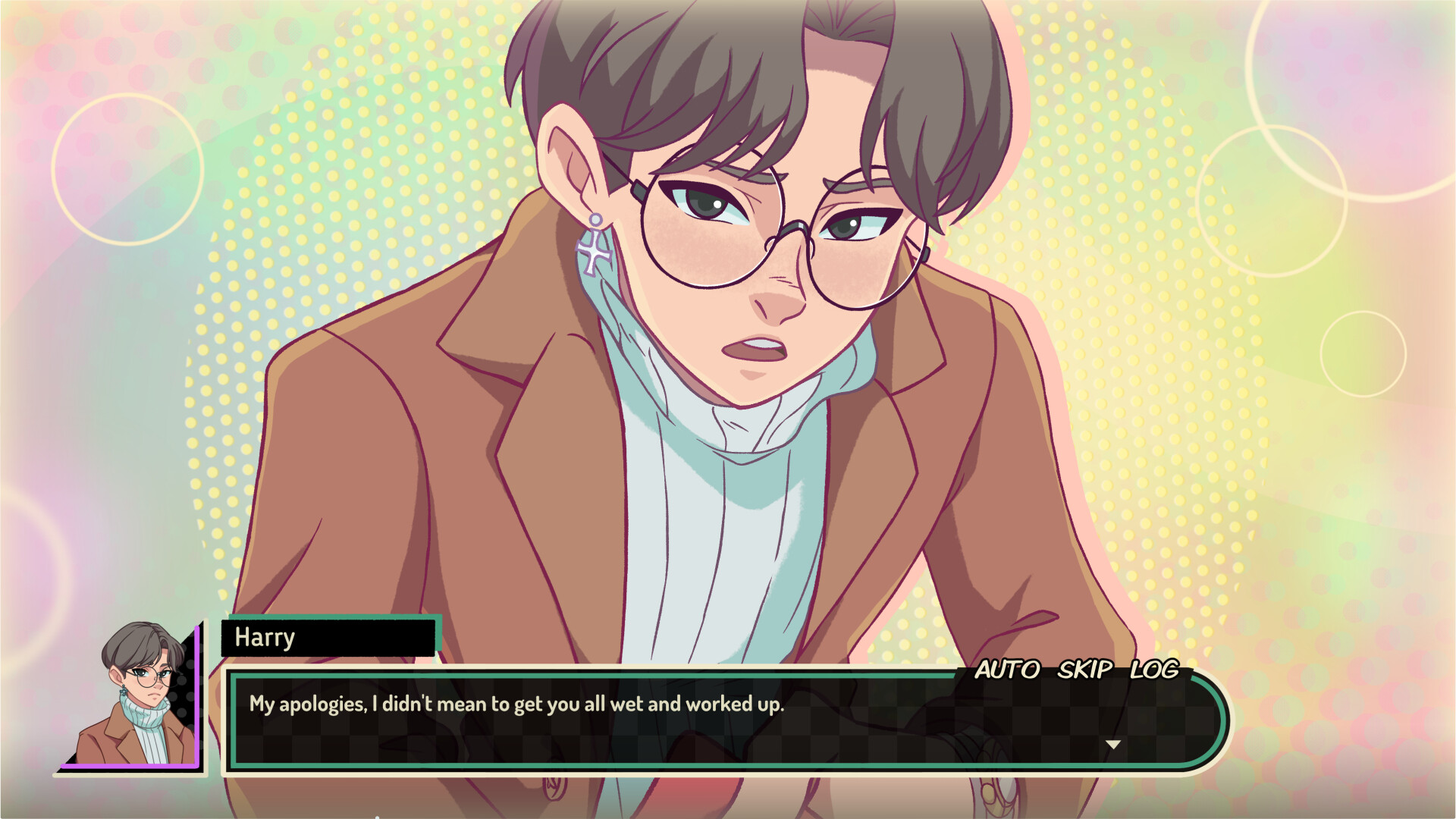 HIgh Times - A male-presenting person in glasses, a white turtleneck, and a brown coat aplogizes for getting you worked up.