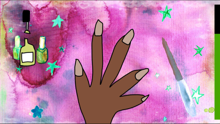 Enter Her Paracosm - A cartoon hand with its arm extended. An arrayof nail polishes are on one side.
