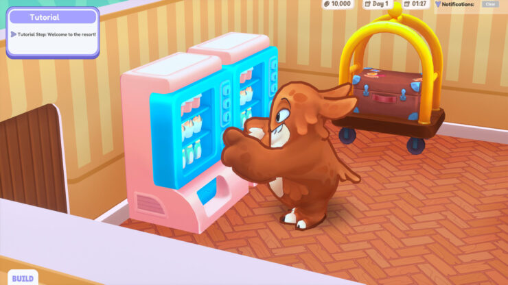 MonsterCare - A brown monster pushes some buttons on a vending machine.