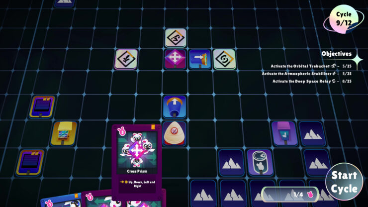 Deckonauts - A card with several bunny creatures on it being laid over a grid of tiles.