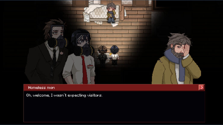 Mycopsychosys: Project Jupiter - A pair of detectives in gas masks speak with a homeless man who is holding his injured eye.